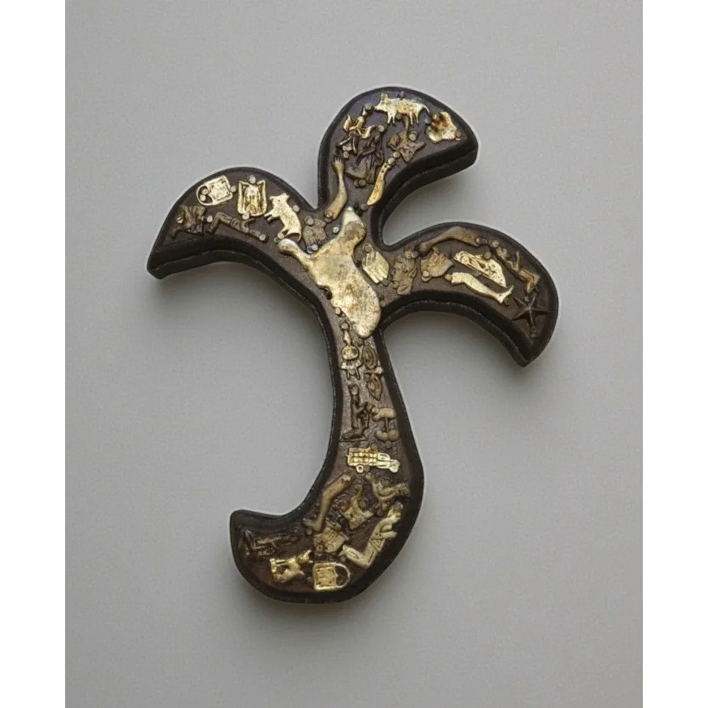 Mexican Folk Art Wall Hanging‎ Milagros Brown Wood Cross Gold Prayer Charms 9.5